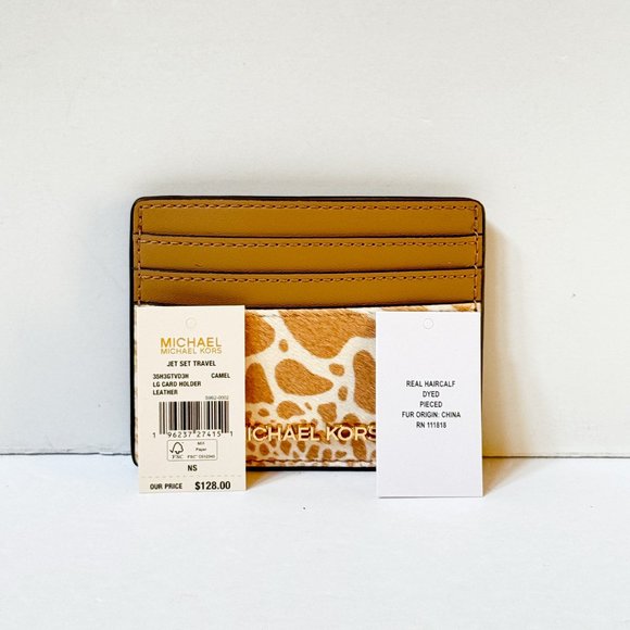 Michael Kors Jet Set Travel Card Case Wallet Exotic Print Camel Multi Haircalf - Picture 4 of 6